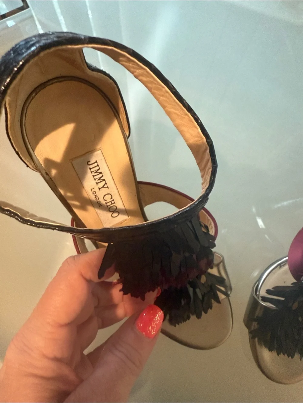 Jimmy Choo Metallic Bronze Sandal with Burgundy and Black Fringe
